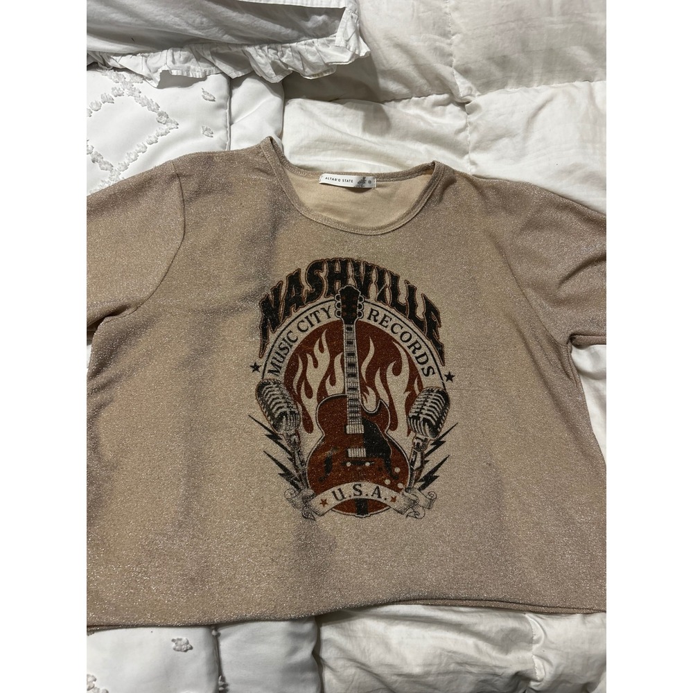 Altar'd State Nashville Music City Records Shimmer Graphic Tee Gold Lurex Sz M